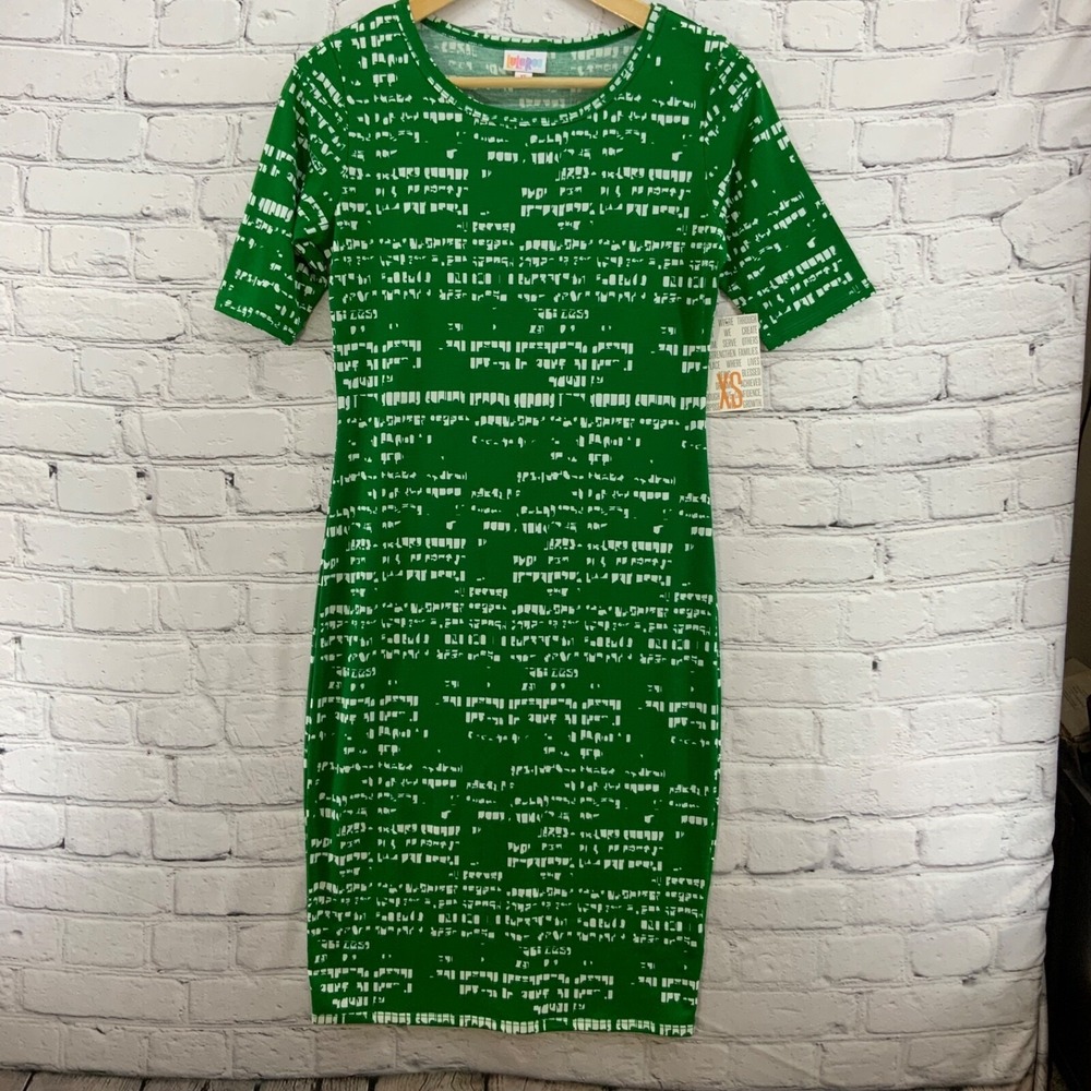 Lularoe Julia Dress Womens Sz XS Green‎ White Print NWT
